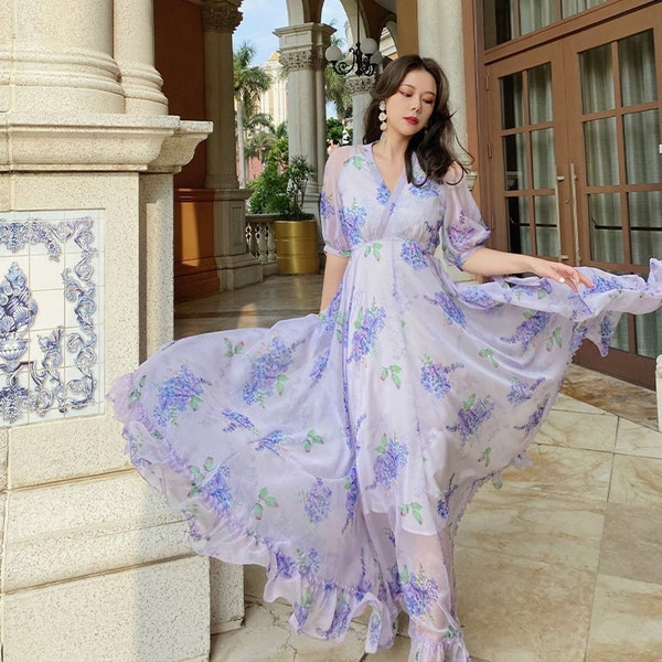 Mr. Water New York Romantic Lavender, Floor Length Dress. Chiffon Summer Dress. V Neckline, High Waist