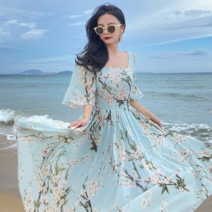 Mr. Water New York Summer Beach Dress. Chiffon Flower Printed Dress. Lightweight and Soft Summer Event Dress. Midi Length.