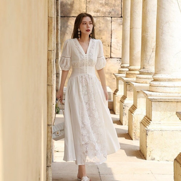 Mr. Water New York Pure White, Linen and Cotton blended fabric Summer Dress. French Style V Neck, Mid length Sleeve. Ankle Dress.