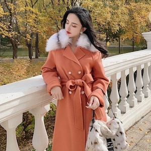 Oversized 100% Wool Coat: Handmade Double-Faced Fur Collar Coat