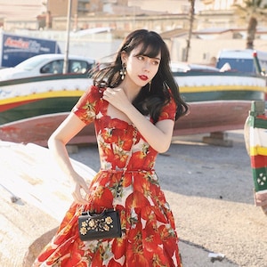 Mr. Water "Passionate Tomato" Flower Dress, Red Retro Dress