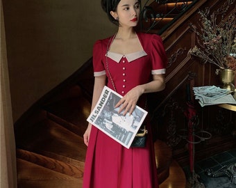 Mr. Water New York Retro Style Red Dress for Christmas. Women's Midi Dress.