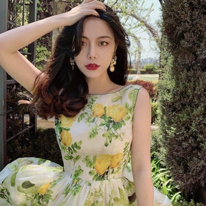 Yellow Rose Floral Dress: Sleeveless Summer Garden Party Dress
