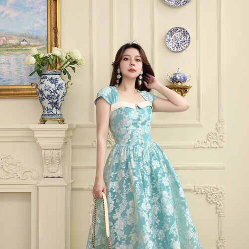 green floral organza dress Floral Organza Long Sleeve Wedding Dress with Green Print