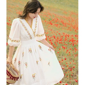 Mr. Water New York Natural Organic Cotton. Retro French Style V Neck Embroidery Flower Dress. image 4