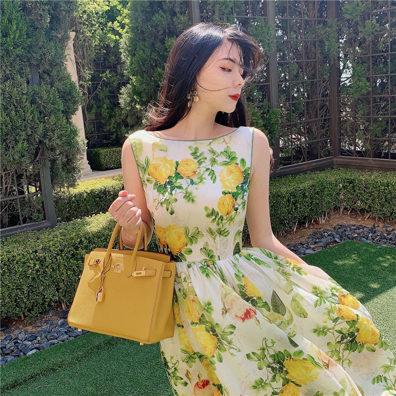 Yellow Rose Floral Dress: Sleeveless Summer Garden Party Dress