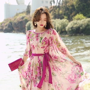 Mr. Water New York Chiffon Dress, Ankle Length. 3 Piece Set, A dress, A Camisole Dress, and A waistband is Included. Dragon Fruit Hot Pink