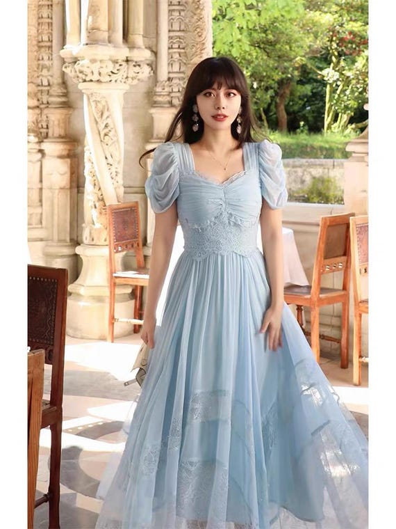 pale blue lace midi dress Silk Vintage Square Neck Puff Sleeves Fully Lined Luxury Dress Size:DD Custom-made Sequin line a Invisible back zip closure halter_dress