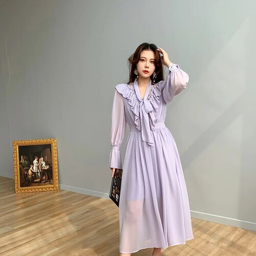 Mr. Water New York shops Romantic Lavender Long Sleeve Dress. Ruffles and Folds Design. Free Camisole Dress in included.