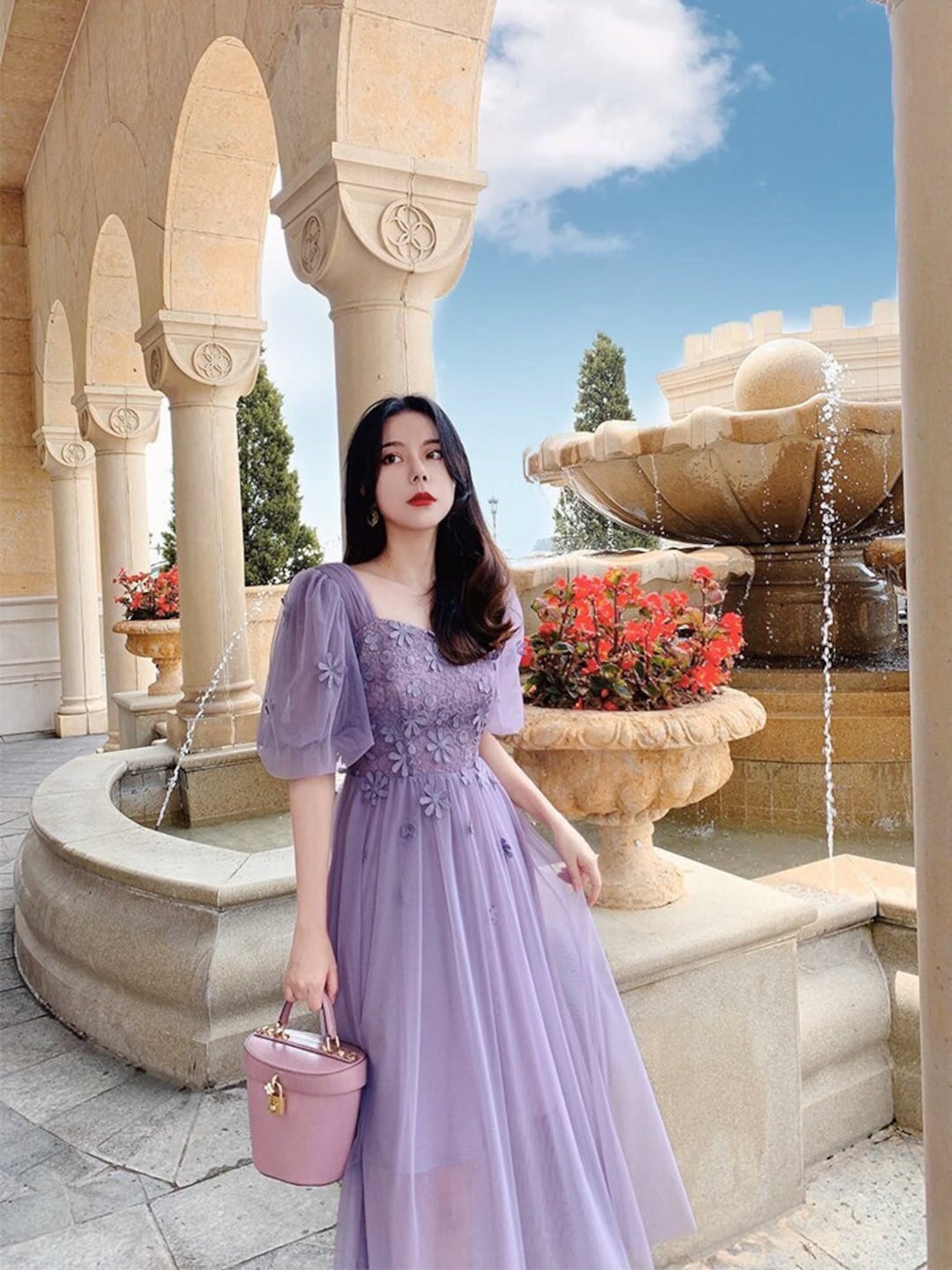 Buy Elegant Lavender Mesh Dress – Hand-sewn Floral Lace, Soft Tulle Dress,  Vintage-inspired Gown Online in India