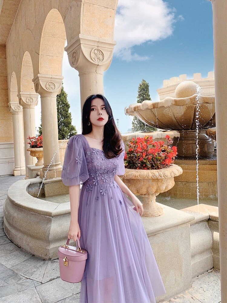 Elegant Lavender Mesh Dress – Hand-sewn Floral Lace, Soft Elegant Lavender Mesh Dress – Hand-sewn Floral Lace, Soft