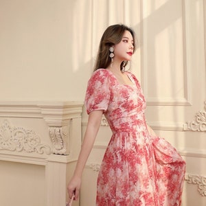 Mr. Water New York Square Neck Romantic Chiffon Dress. Soft, Mid Calf Summer/Event/Vacation Dress