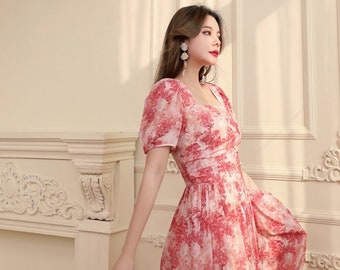 Red Toile Maxi Dress – Square Neck, Puff Sleeves, Fully Lined Chiffon Elegance