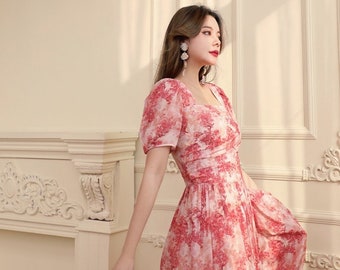 Mr. Water New York Square Neck Romantic Chiffon Dress. Soft, Mid Calf Summer/Event/Vacation Dress