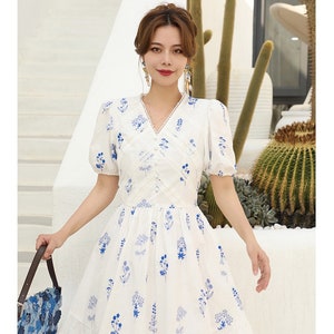 Mr. Water New York White Mini Dress with Embroidery Blue Flowers. 100% Natural Cotton Dress. Above the Knee.