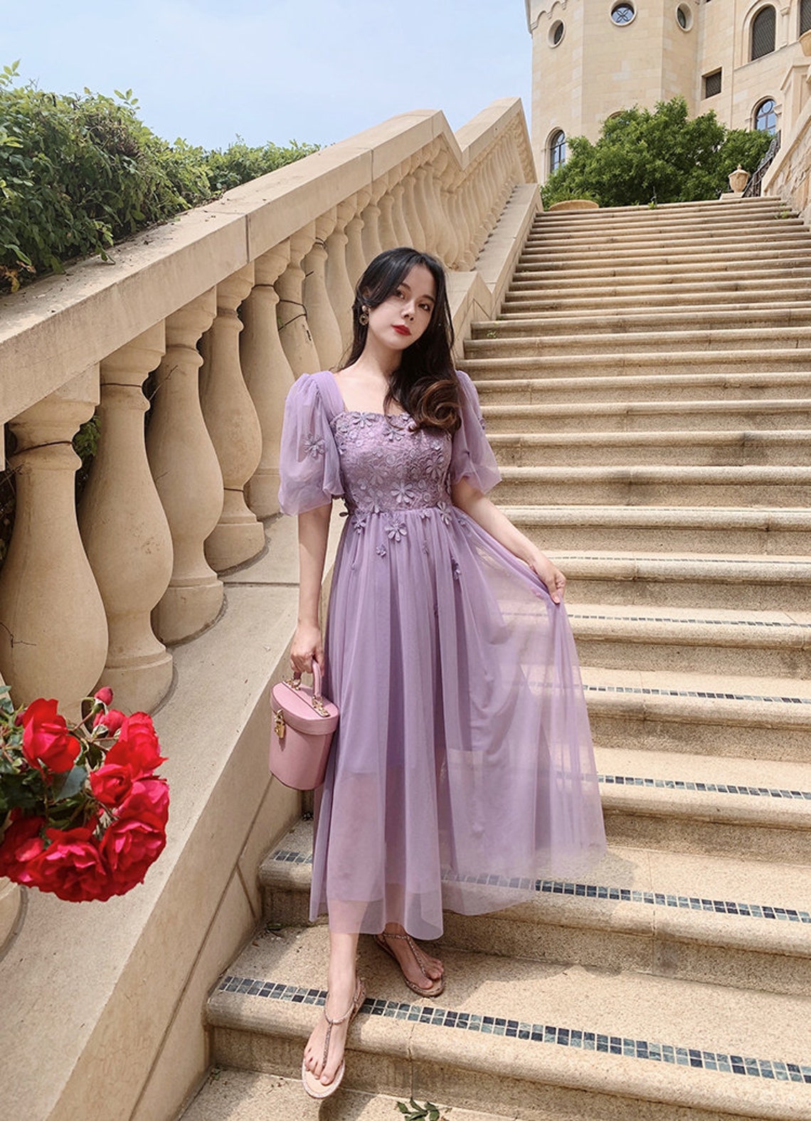 Mr. Water New York Purple Mesh Long Dress, Lace Dress, Hand Sewn Flower Dress.