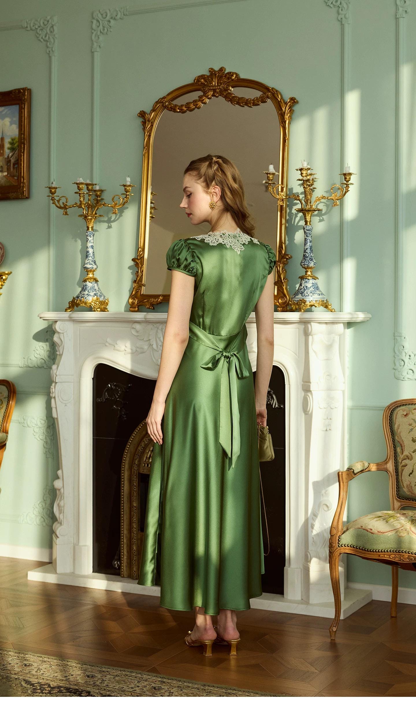 Green Satin Maxi Dress, Lace Collar Dress, Vintage Inspired Old Hollywood Green Dress for Women
