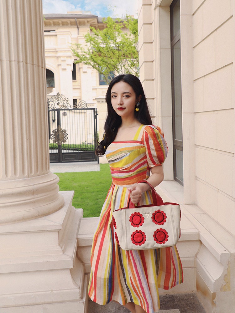 Rainbow Striped Cotton Midi Dress - Vintage-Inspired Bestselling Classic Elegance