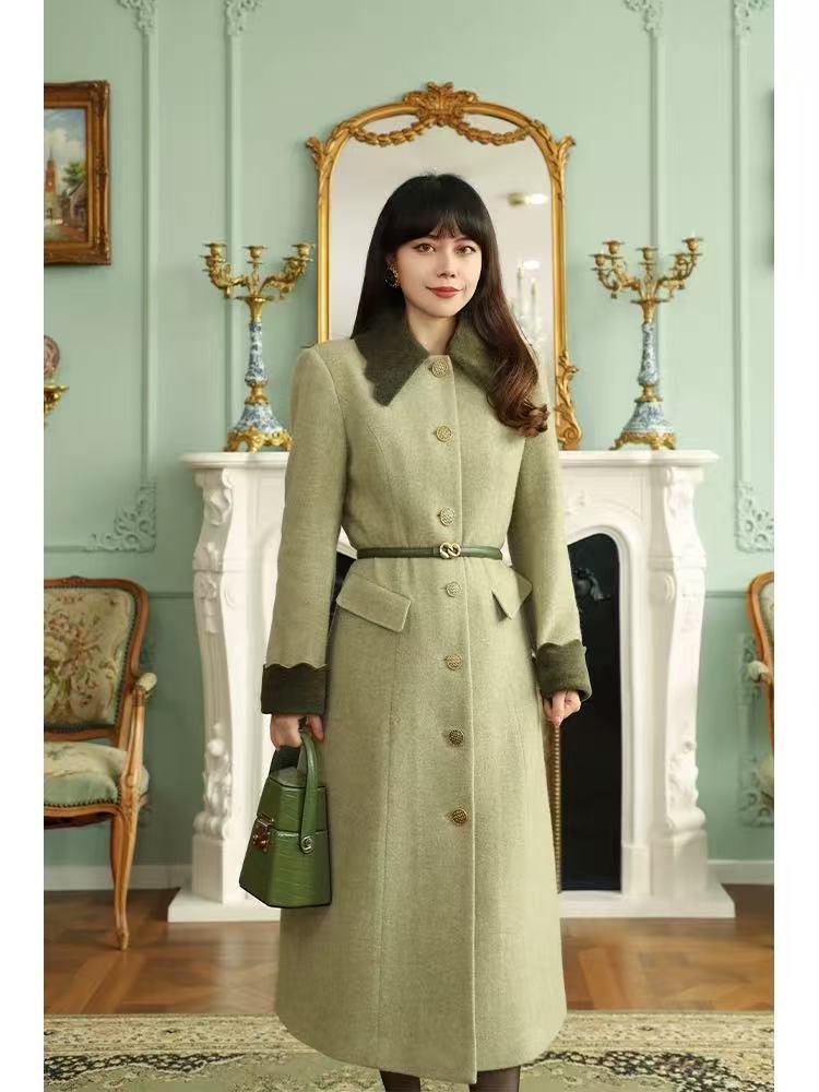 新品　定価94600 unused wool long coat Vintage Wool Coat for Women, 100% Wool Long Winter Coat, Belt