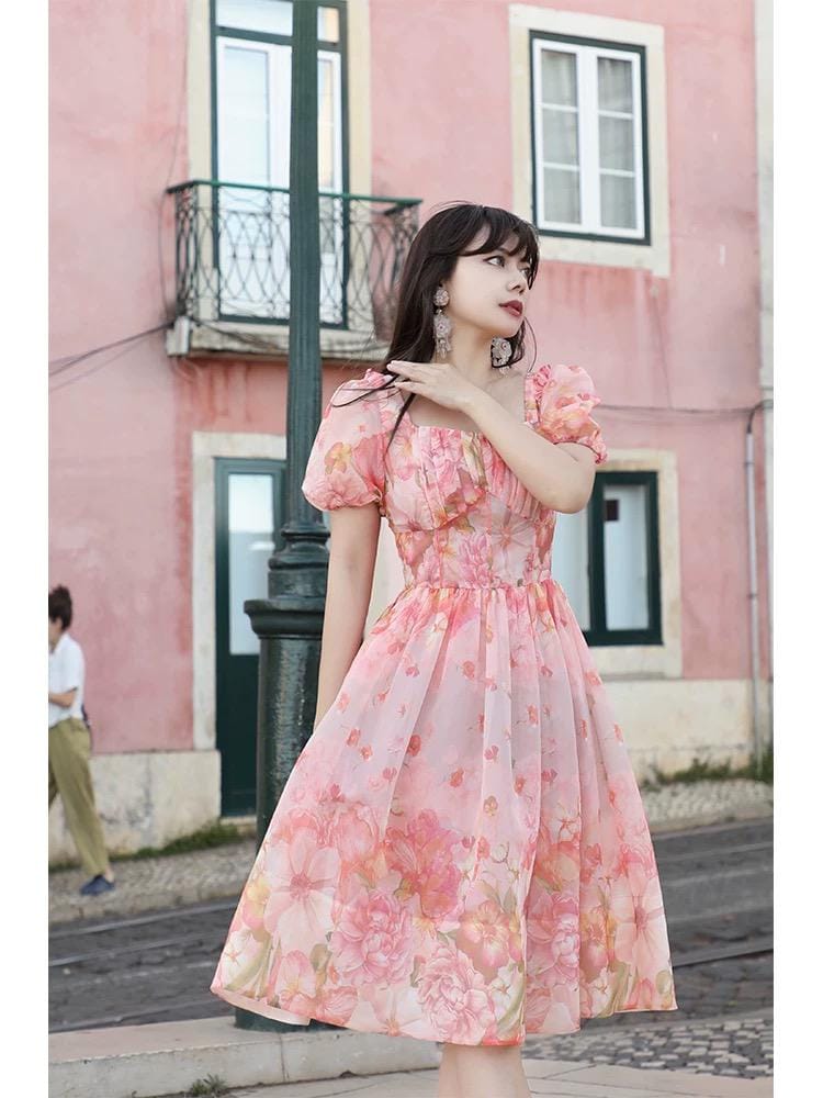 Gemini Geek Bar Vape Coral Square Neck Puff Long Sleeve Dress  PinkBlush  SHEIN Square Neck Puff Sleeve Dress | SHEIN USA