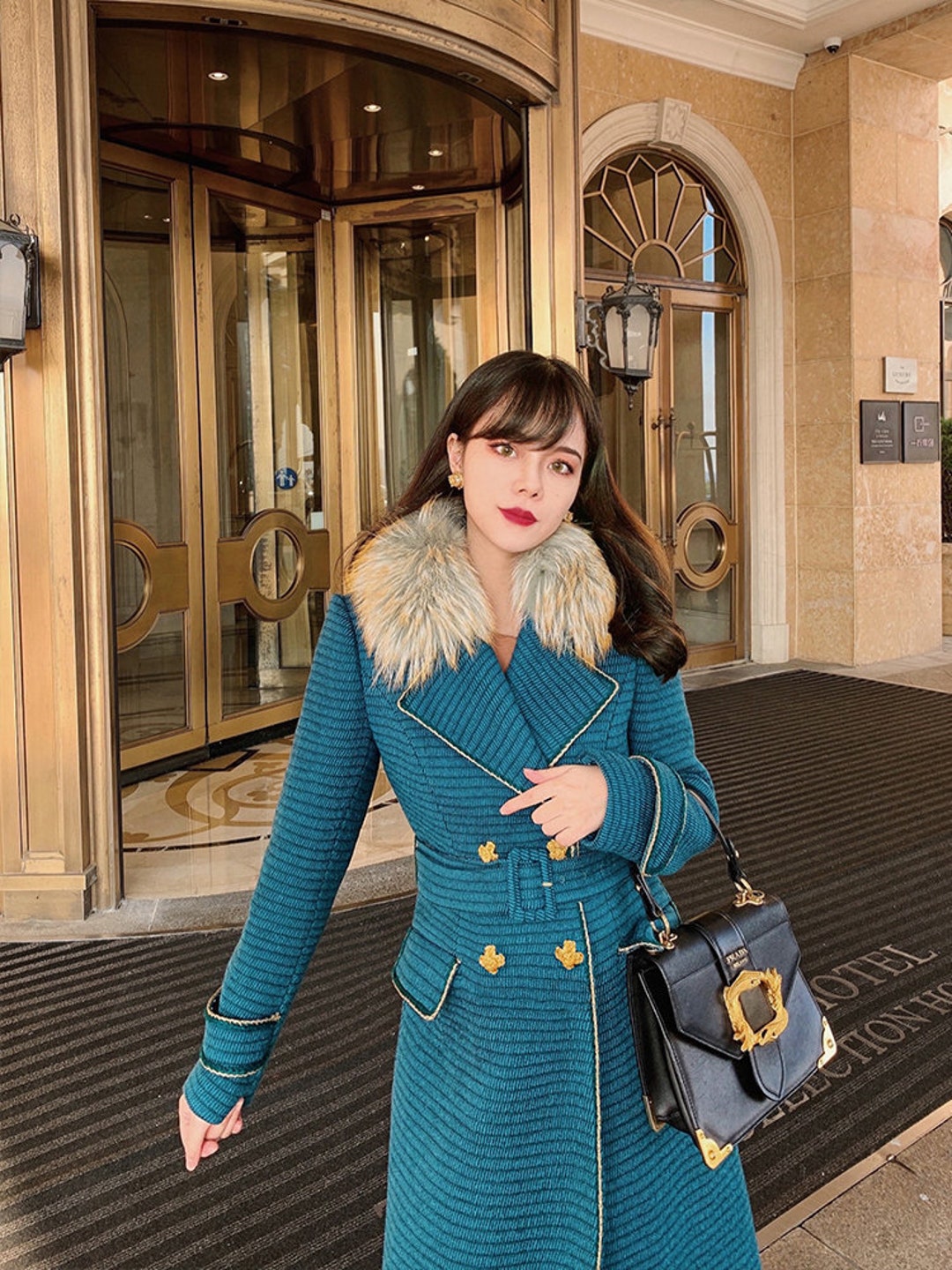 Wool Coat, Striped Retro Wool Coat, 80% Wool. Women's Winter