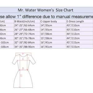 May include: A women's size chart from "Mr. Water", detailing bust, waist, upper body, dress length, and shoulder measurements in inches/cm. Sizes range from XS to XXL. Includes a diagram of a dress with measurement labels.