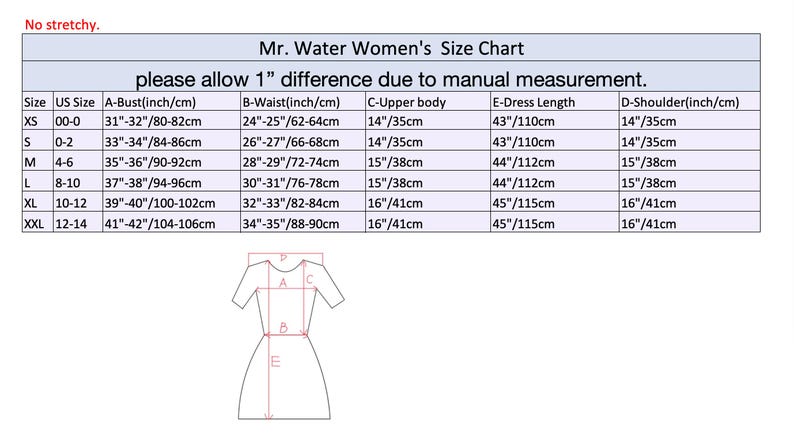 May include: A women's size chart from "Mr. Water", detailing bust, waist, upper body, dress length, and shoulder measurements in inches/cm. Sizes range from XS to XXL. Includes a diagram of a dress with measurement labels.