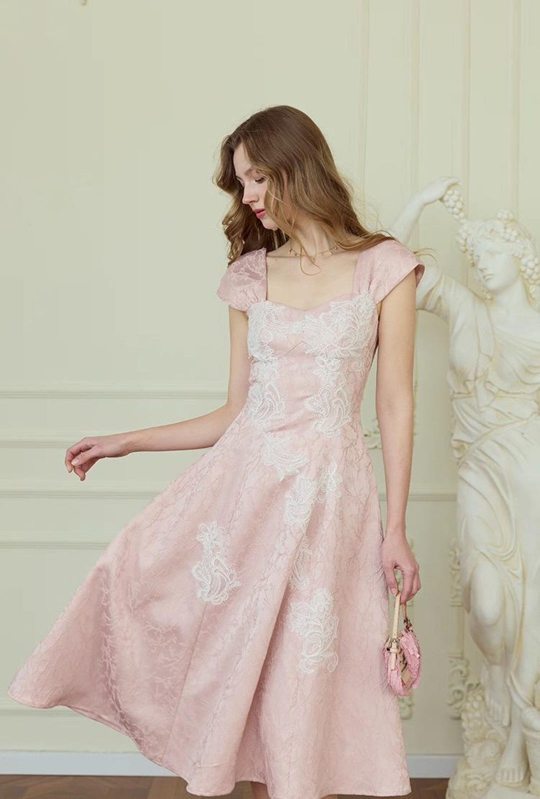 pink and white lace bridesmaid dresses Jacquard Midi Dress with Lace, Romantic Vintage Square Neck Dress, Cotton Lined Feminine Party Dress Size:24-REG With delicate appliqued detailing pcat-174 Neha Vasdev | Ever