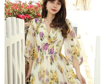 Vintage Floral Chiffon Midi Dress – Hand Painted Italian Print, Ruffle Hem, Elastic Waist, Eco Lining