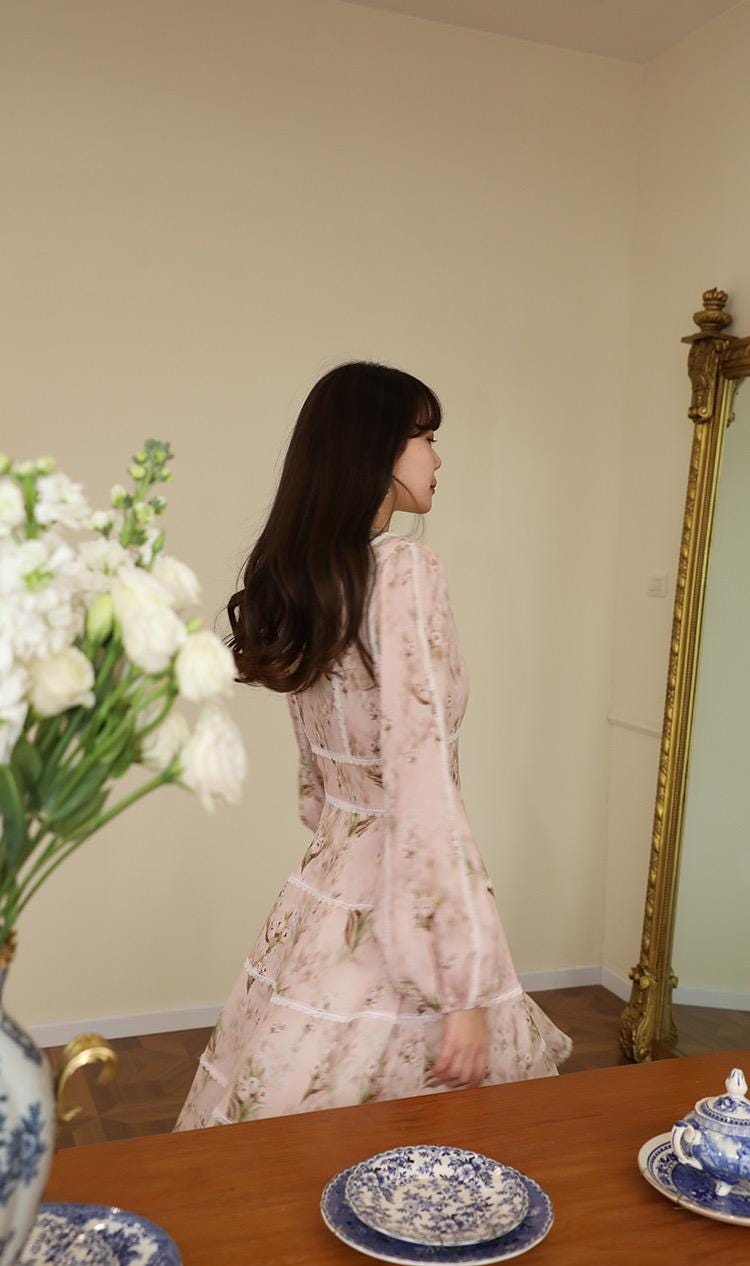 Romantic Vintage Floral Midi Dress Pink Puff Sleeve