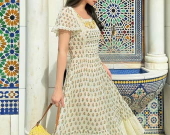 Hand Embroidered Ramie Dress, Floral Midi Dress with Cotton Lace, Romantic Vintage Inspired Cottage Dress