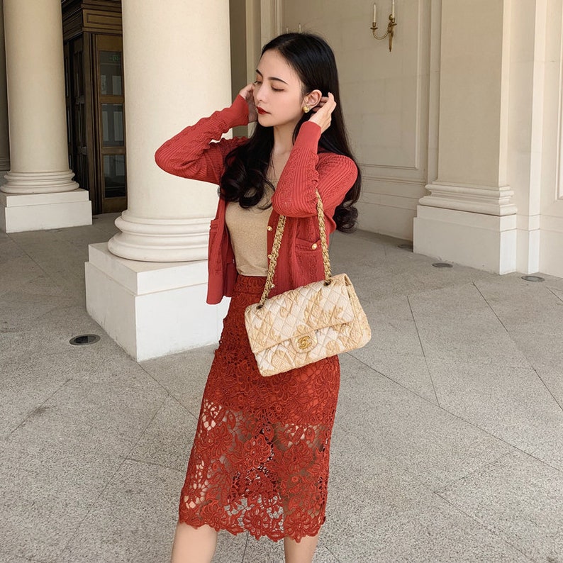 Mr RedPink. Lace Flower High Waist Skirt Water Retro Style Lace Skirt