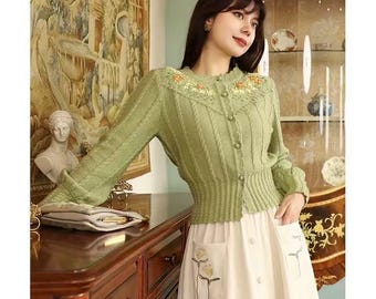 Cárdigan de mezcla de lana con bordado floral de inspiración vintage, corte corto de cintura alta