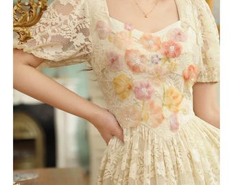 Romantic Lace Midi Dress With 3D Floral Bodice Vintage Puff