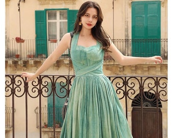 Vintage-Inspired Green Tie-Dye Dress – Tencel Linen Blend, Soft & Luxurious Natural Fabric