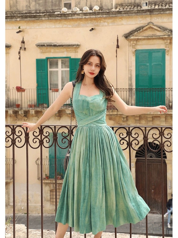 Vintage-Inspired Green Tie-Dye Dress – Tencel Linen Blend, Soft & Luxurious Natural Fabric