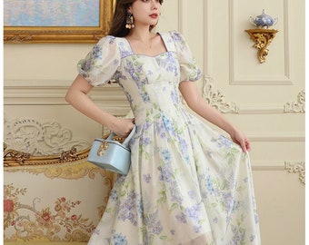 Mr water New York Tencel Summer Dress, Square Neck French Style, Jacquard Fabric.