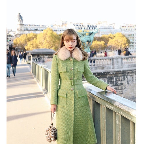 1950s Parisian Green Wool Coat: Detachable Collar & Belt - Etsy