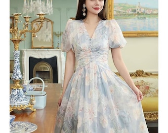 French Embroidered TENCEL Midi Dress Pastel Floral Full Embroidery Hand-Beaded Neckline Cotton Lining