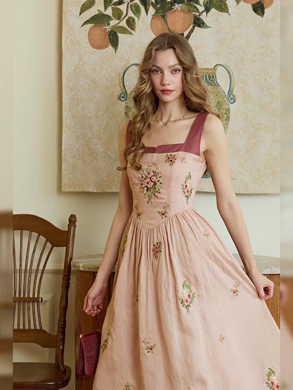 Hand Embroidered Floral Midi Dress, Tencel Linen Pink Dress, Vintage Inspired Corset Dress, Romantic Cottagecore Summer Dress