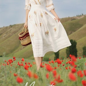 Mr. Water New York Natural Organic Cotton. Retro French Style V Neck Embroidery Flower Dress. image 2