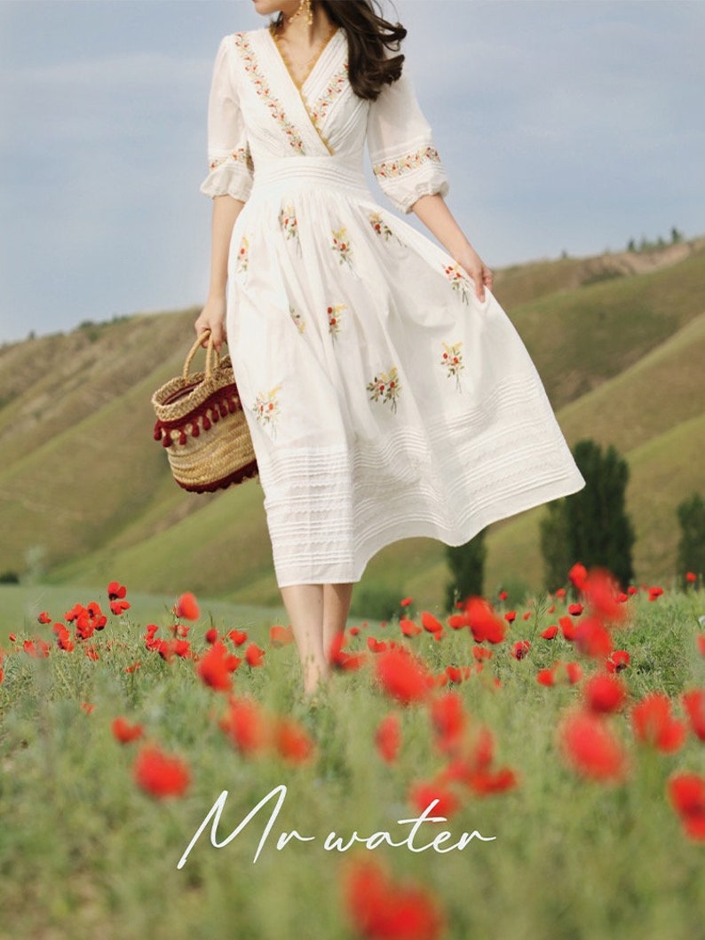 Mr. Water New York Natural Organic Cotton. Retro French Style V Neck Embroidery Flower Dress. image 2