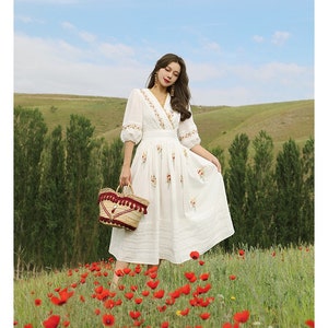 Mr. Water New York Natural Organic Cotton. Retro French Style V Neck Embroidery Flower Dress. image 5
