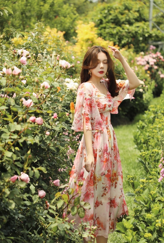 Mr. Water New York Pink Sweet Floral/rose Printed Chiffon - Etsy