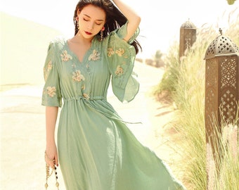 Clearance--Retro Style Summer Dress. Embroidery Flower Women's Dress. Ruffle Collar. Midi Dress