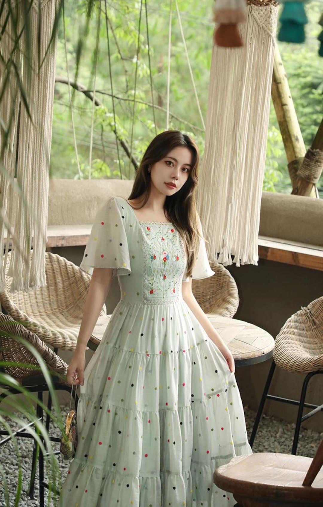 green emerald velvet dress Virginia Suiting Embroidered Midi Dress / White | Meshki main image 0