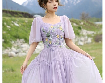 Mr Water New York Lavender Mesh Party Dress. Embroidery Dress.