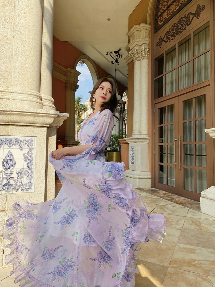 Lavender Chiffon Maxi Dress: Romantic Floral V-neck - Etsy