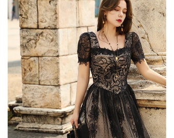 Baroque Lace Black Dress: Square Neck Retro Ankle Length Gown
