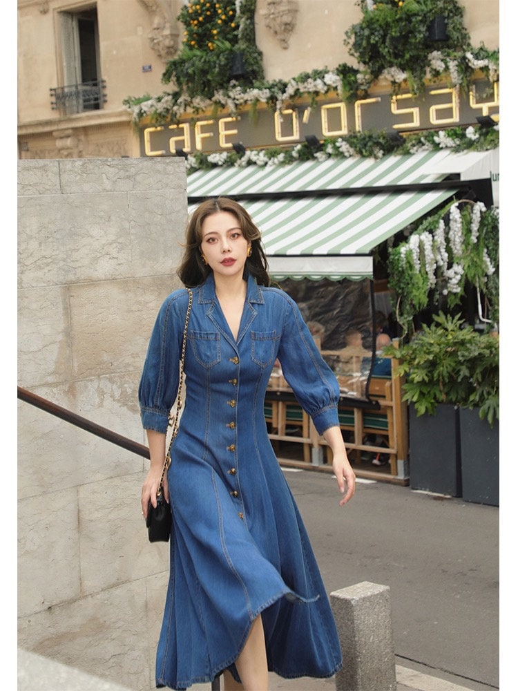 ミストレアス　Denim Amerian Sleeve Long Dress Denim Amerian Sleeve Long Dress - MISTREASS